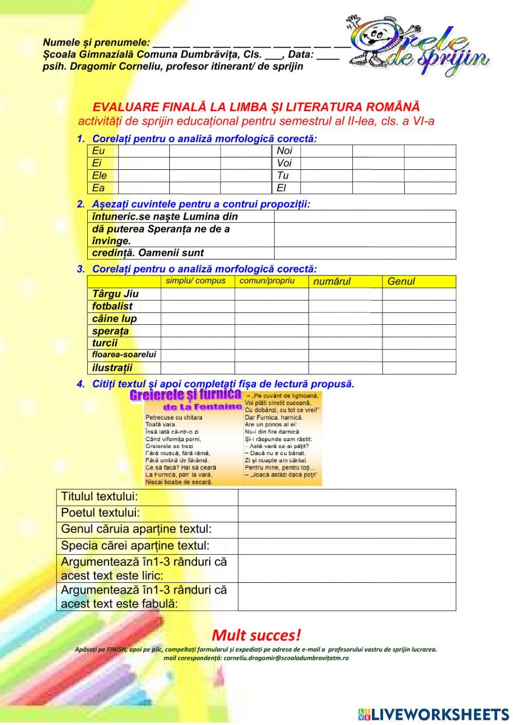 Evaluare finală semestrială, Lb Romana, cls VI, sem II
