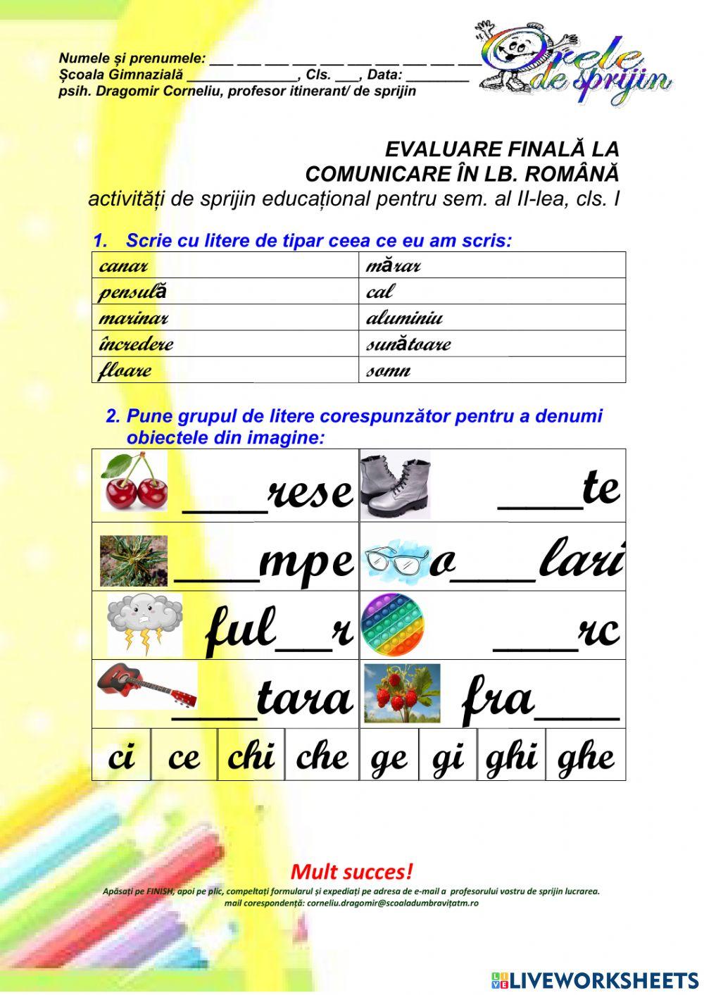 Evaluare finală semestrială, Lb Romana, cls I, sem II