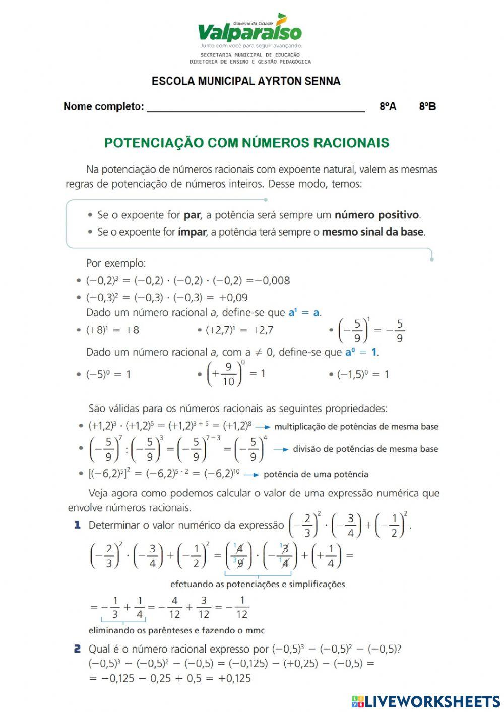 Potenciação com números racionais