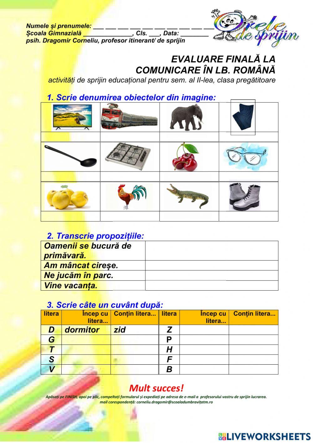 Evaluare finală semestrială, Lb Romana, CP, sem II