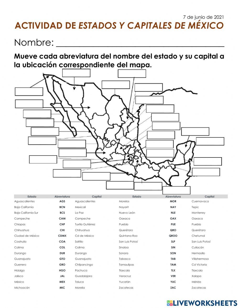 Act Estados Y Capitales De México Worksheet Live Worksheets