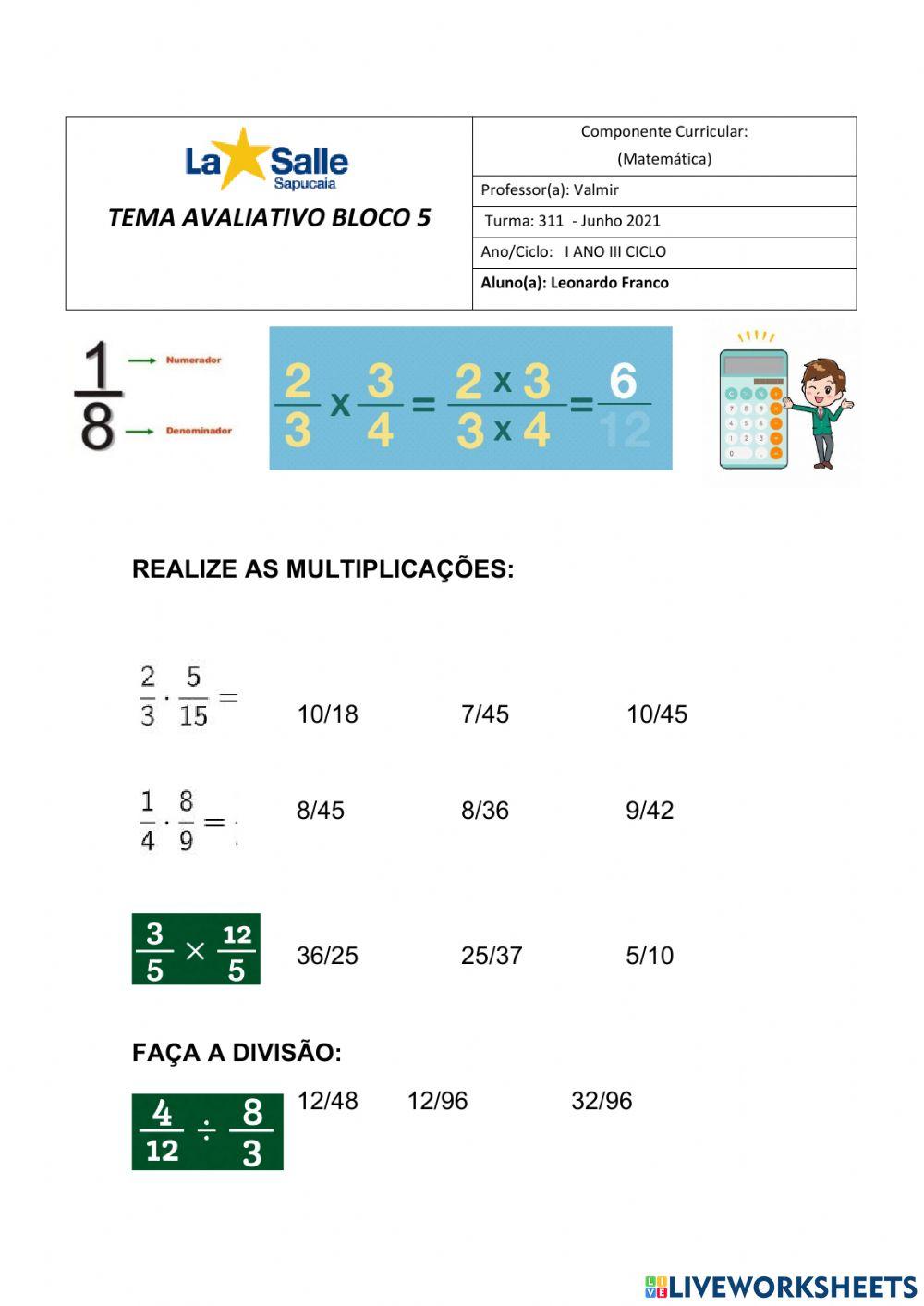 Avaliação Matemática Bloco 5