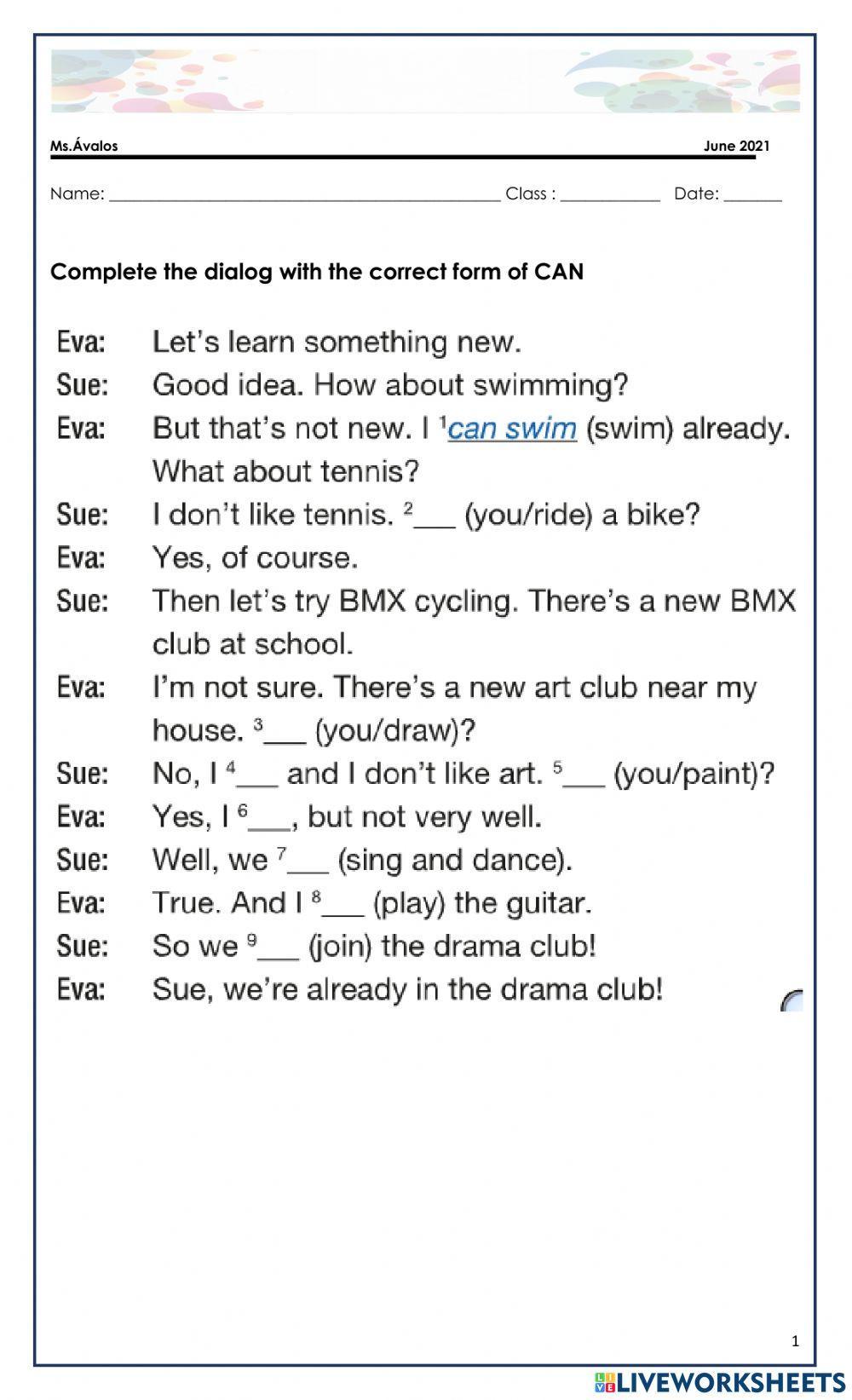 6to. can-can't. extra practice