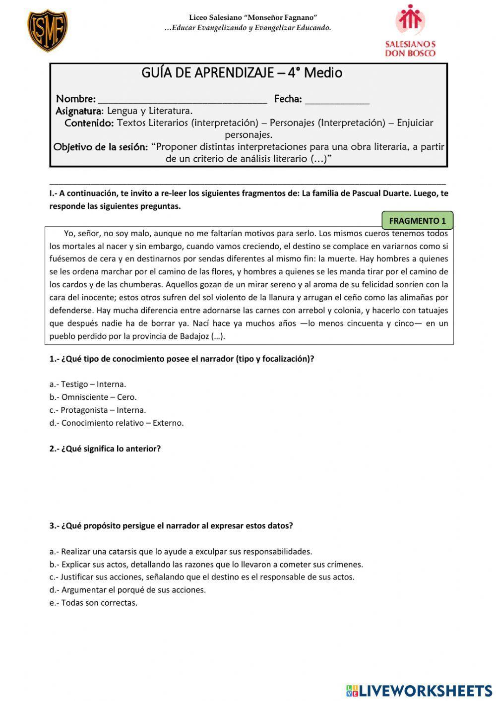Guía de aprendizaje - La familia de Pascual Duarte