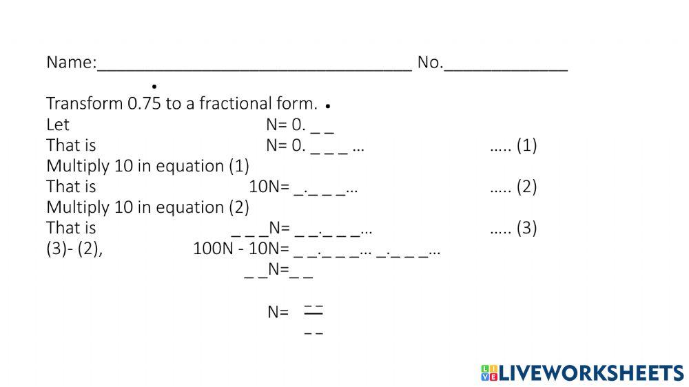 Repeating decimal to fraction online exercise for live worksheets