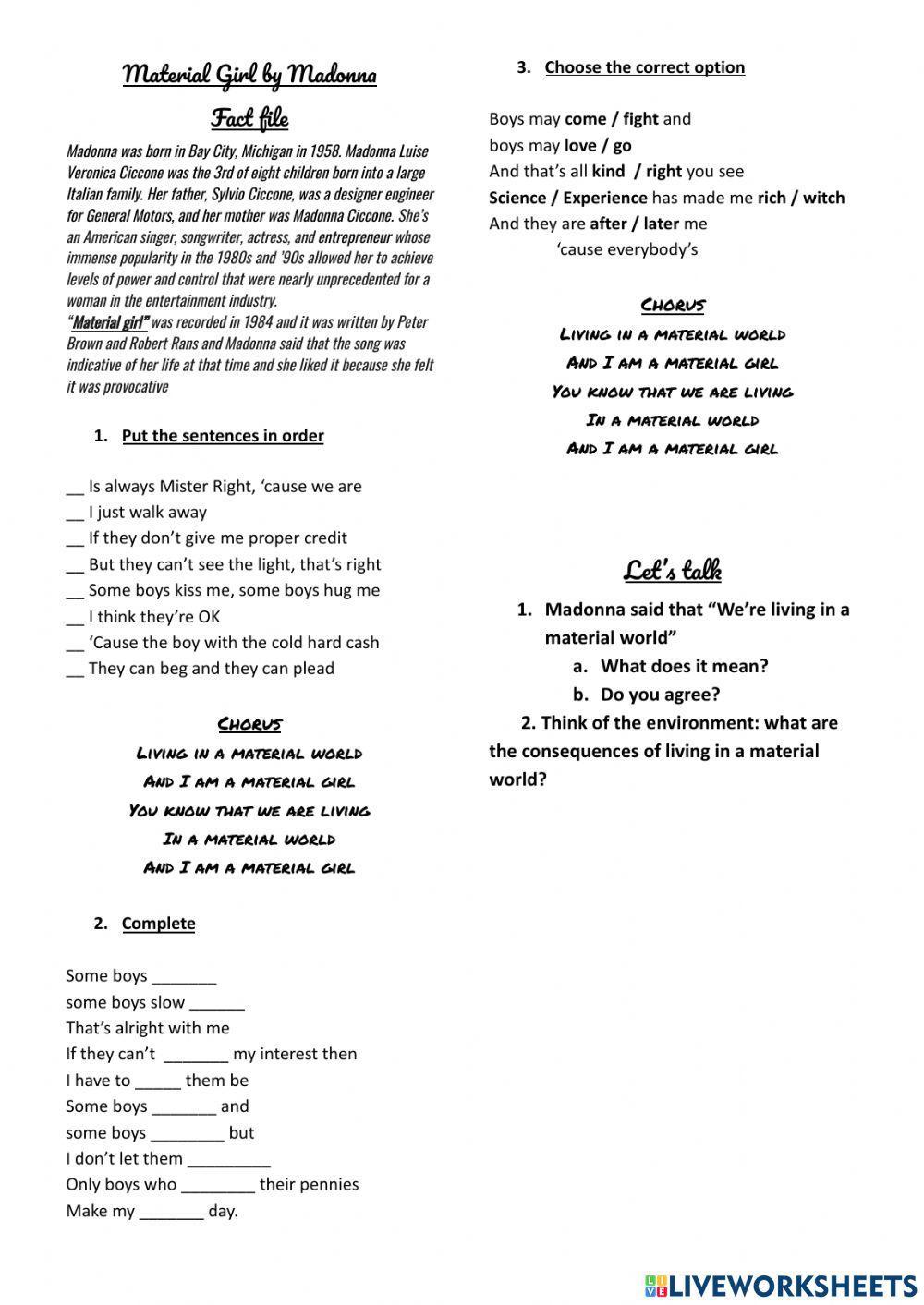 Material girl song activity