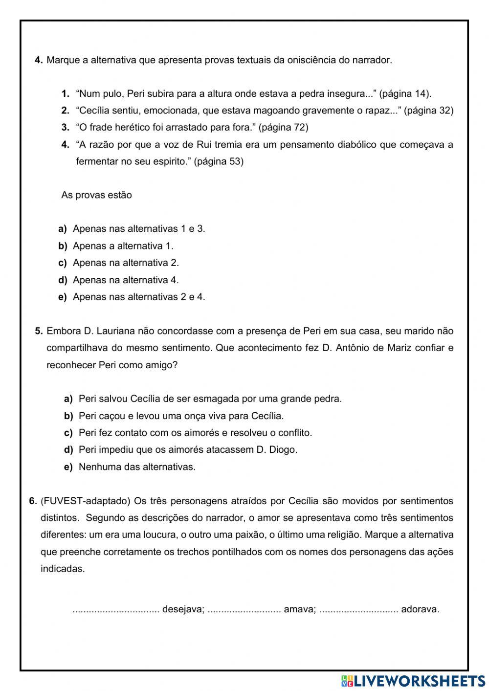 O guarani - josé de alencar worksheet | Live Worksheets