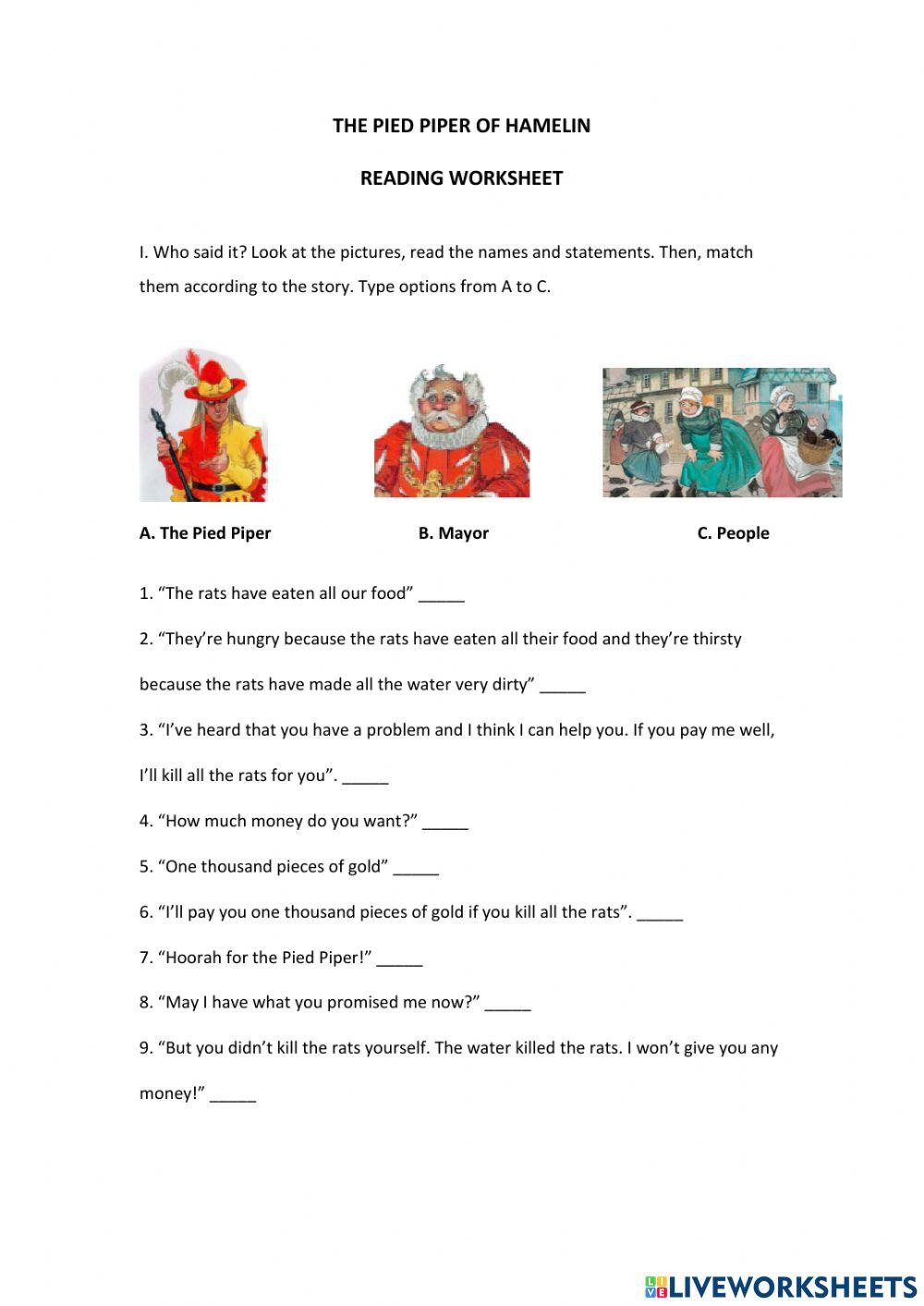 Reading Worksheet The Pied Piper of Hamelin online exercise for