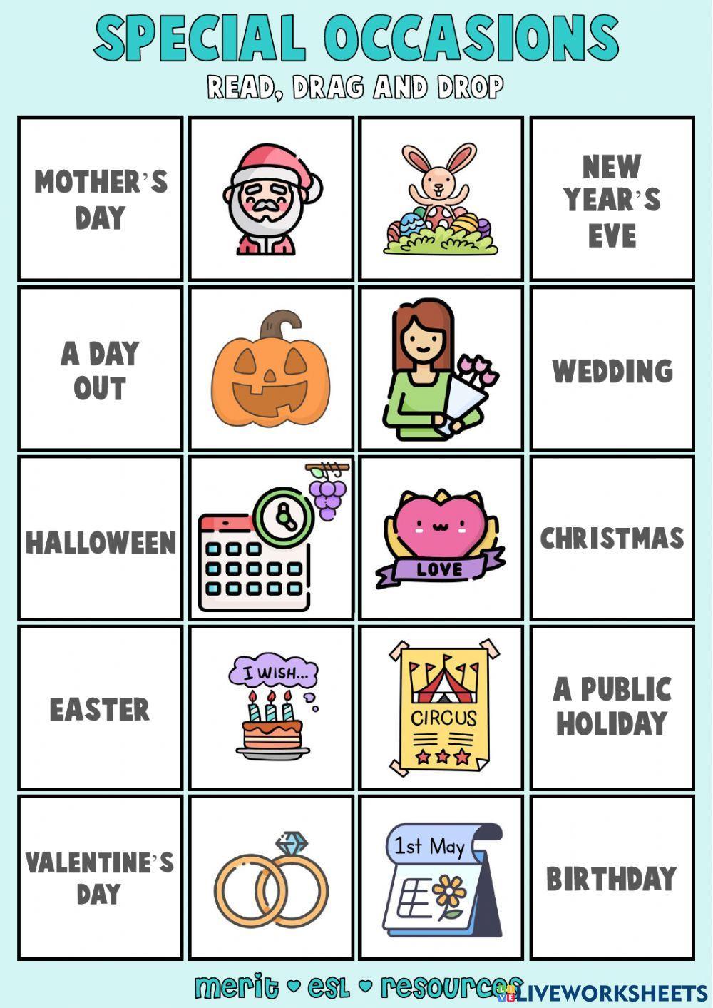 Vocabulary - Special Occasions worksheet