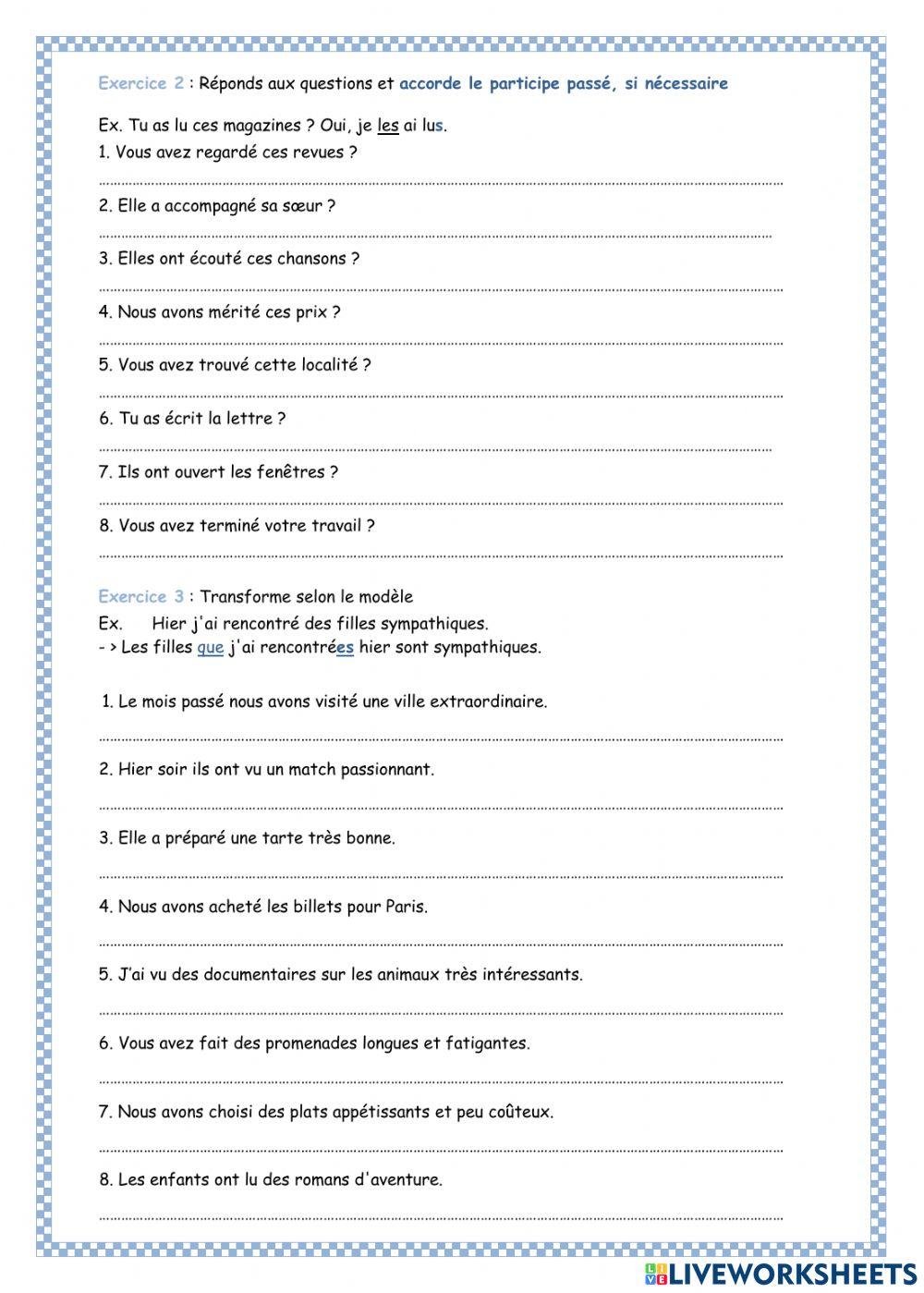 Accord du participe passé - feuille d'exercice 1