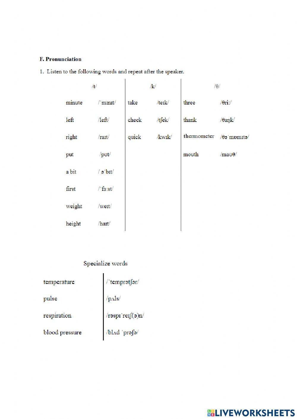 Listening worksheets: Vital signs