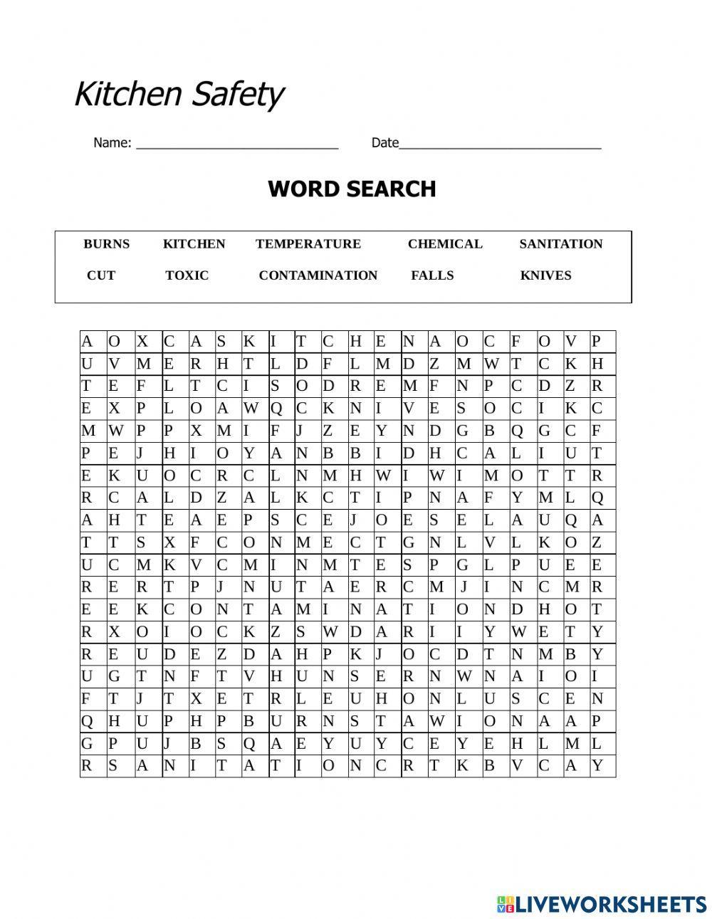 Kitchen SafetyWordsearch worksheet Live Worksheets