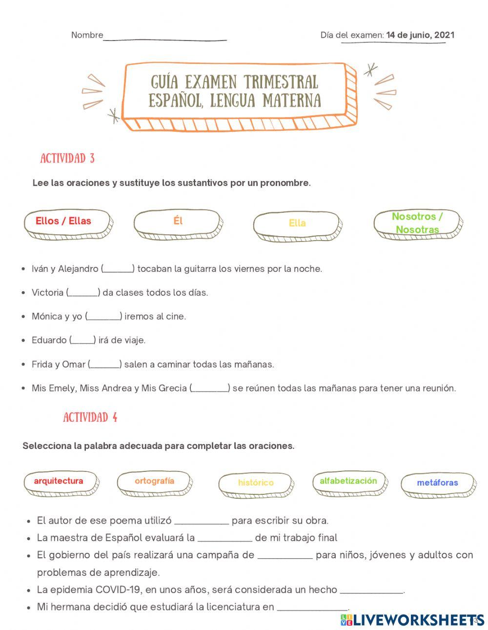 Guía de estudio - Examen Trimestral, Quinto Grado