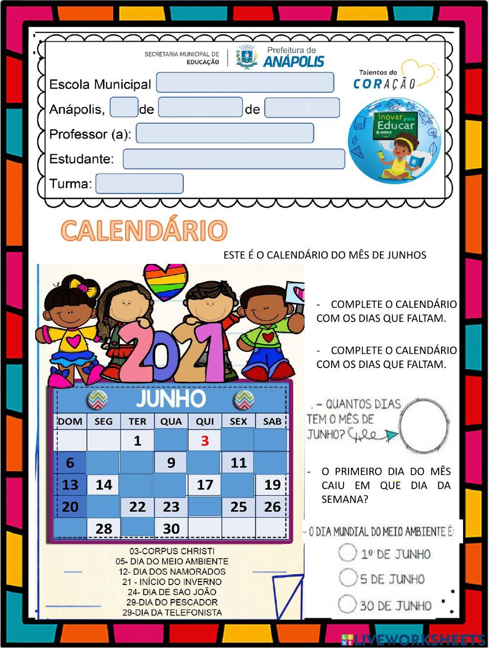 Calendário junho 2021