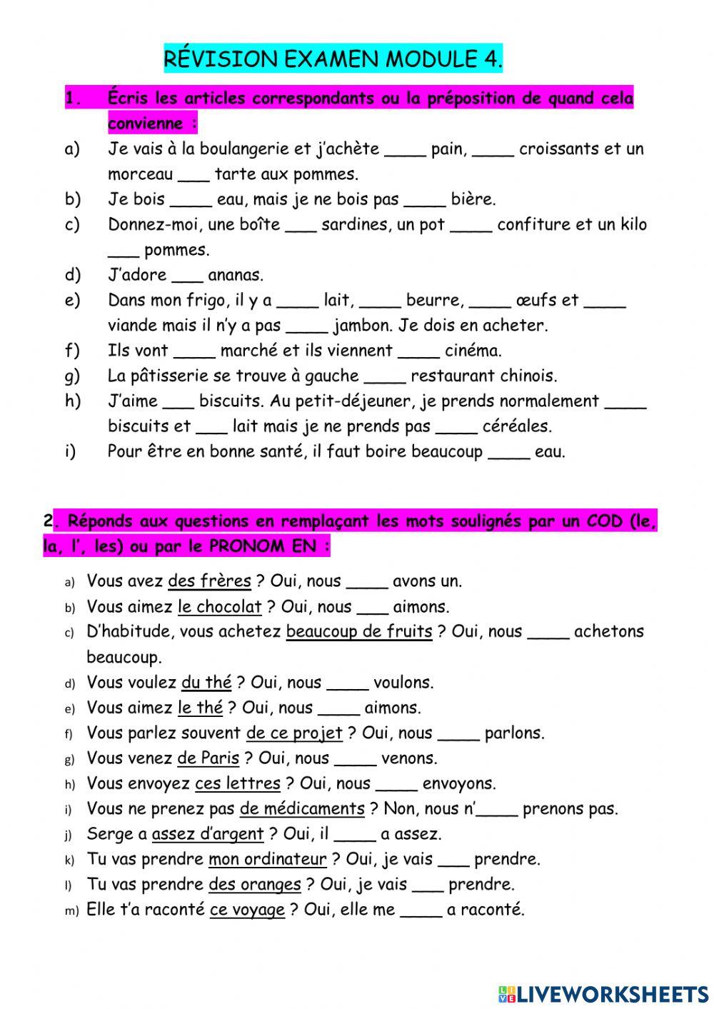 Les pronoms cod et le pronom en