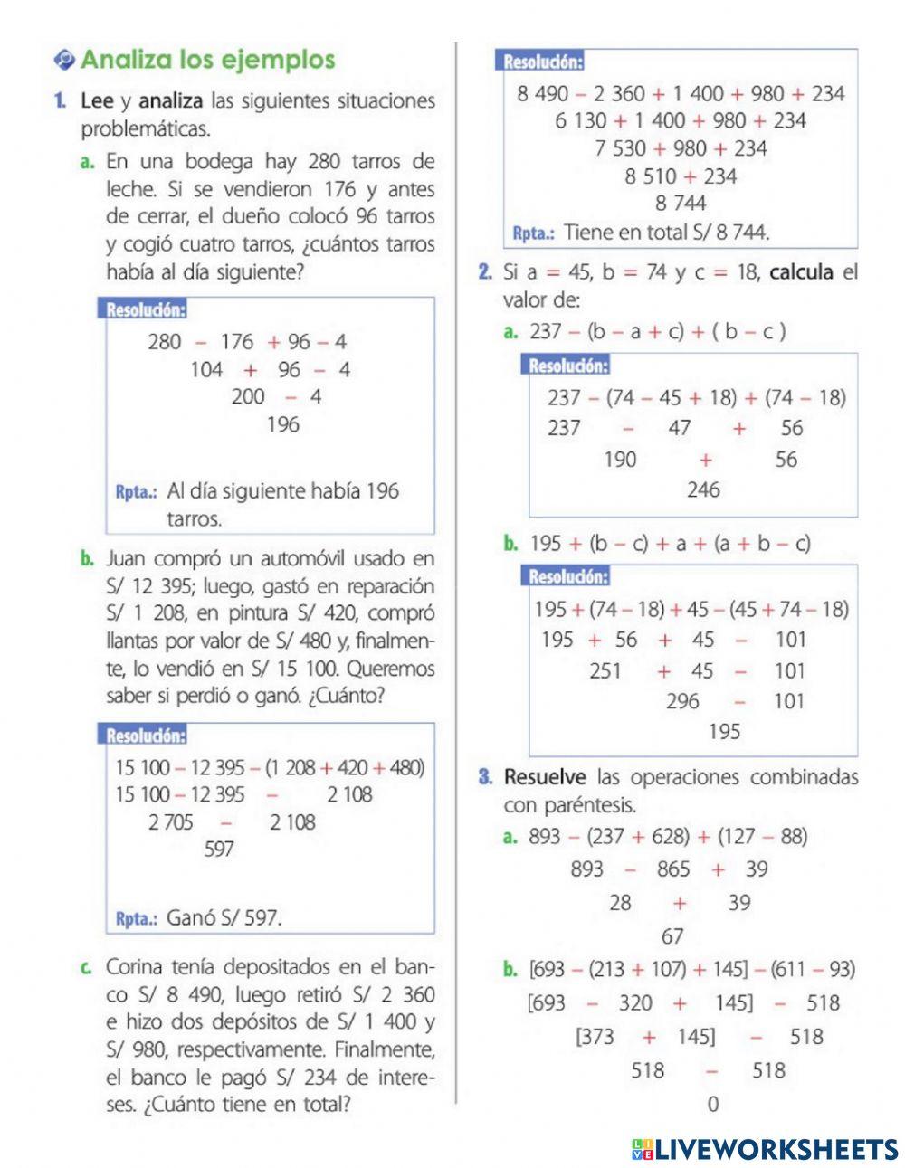 Operaciones combinadas de Adición y Sustracción