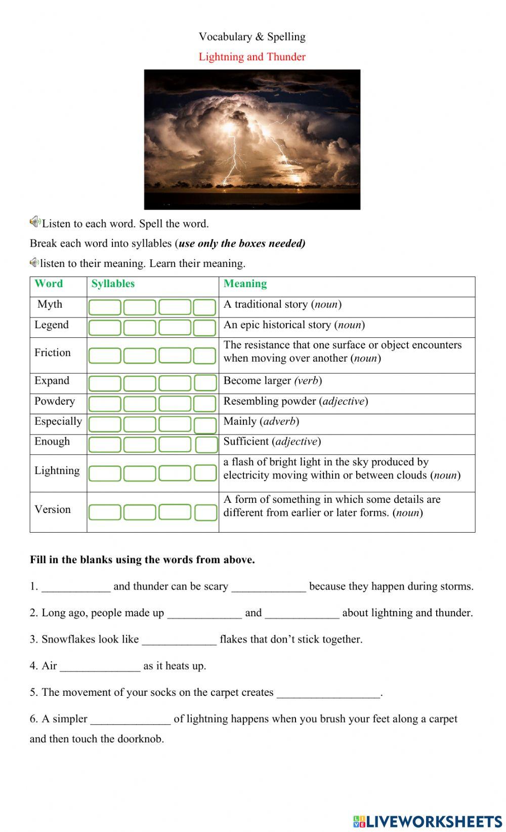 Lightning and thunder vocabulary worksheet | Live Worksheets