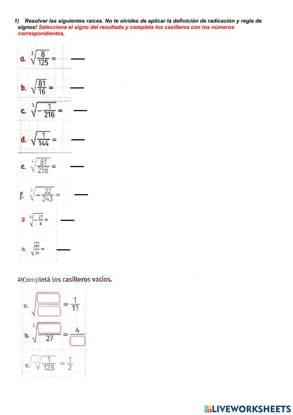Ejercicios de radicacion