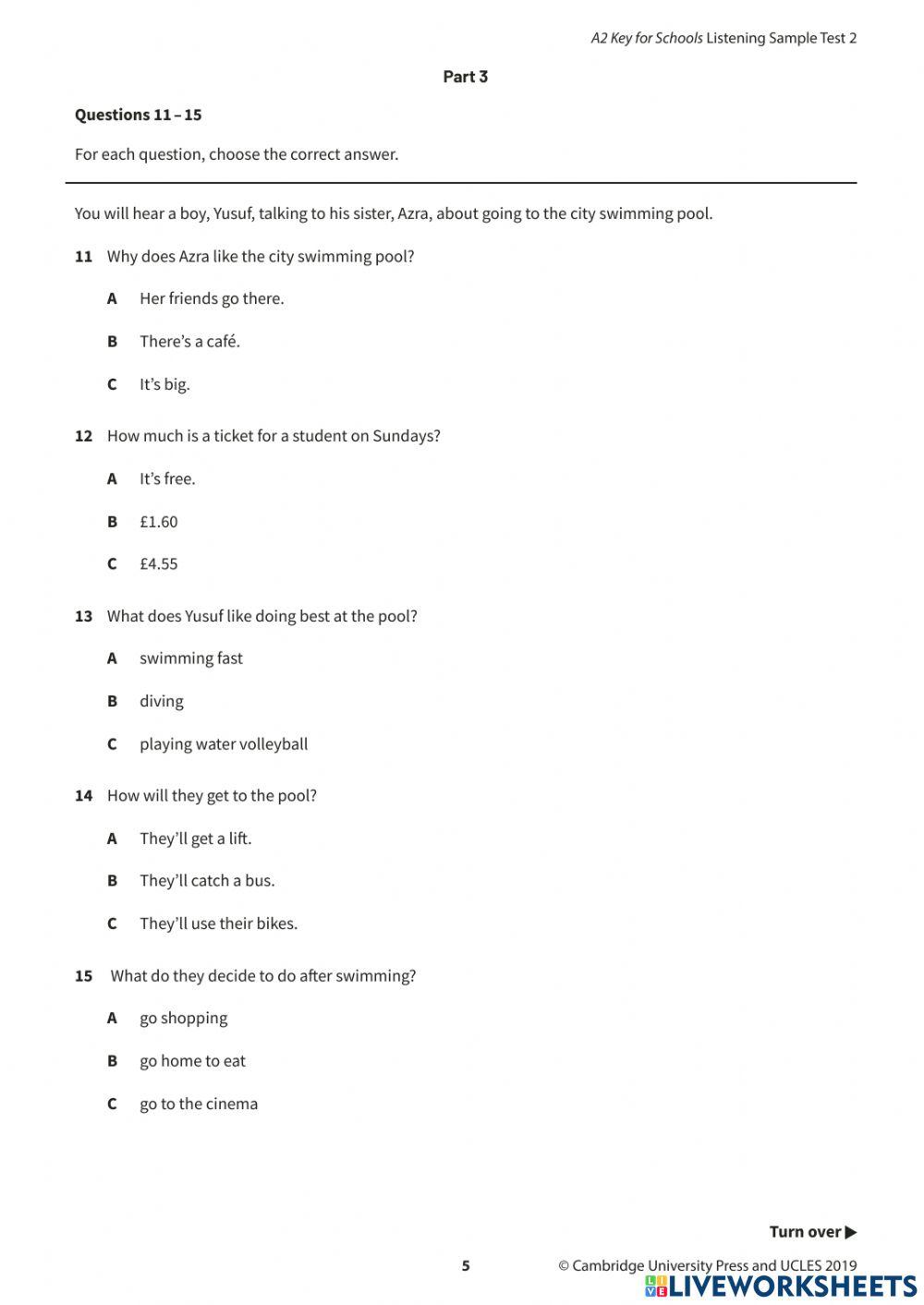 A2 Key Sample Test 2. Listening. 1, 2, 3, 4, 5.