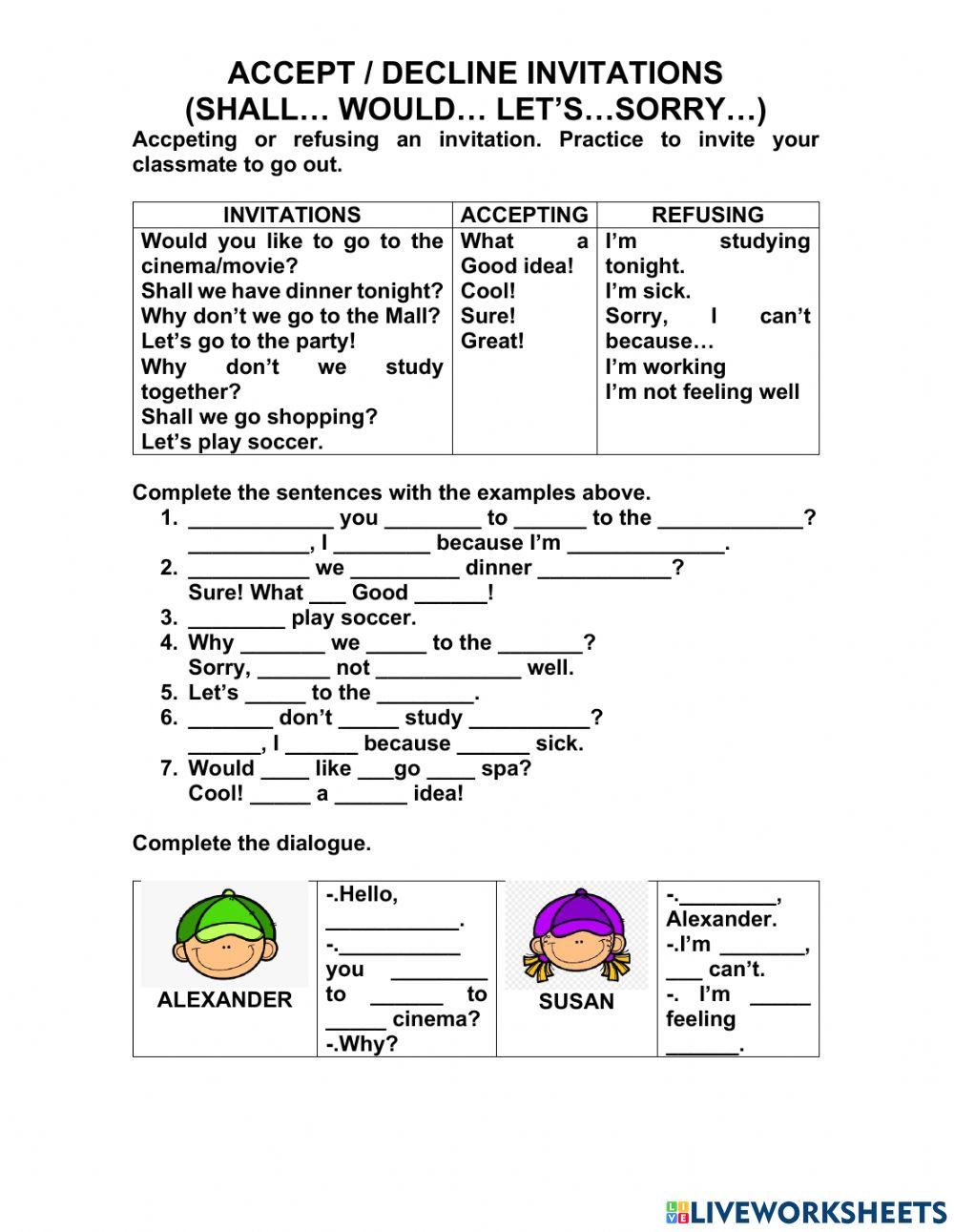 Accept, decline invitations (shall, would, let's)