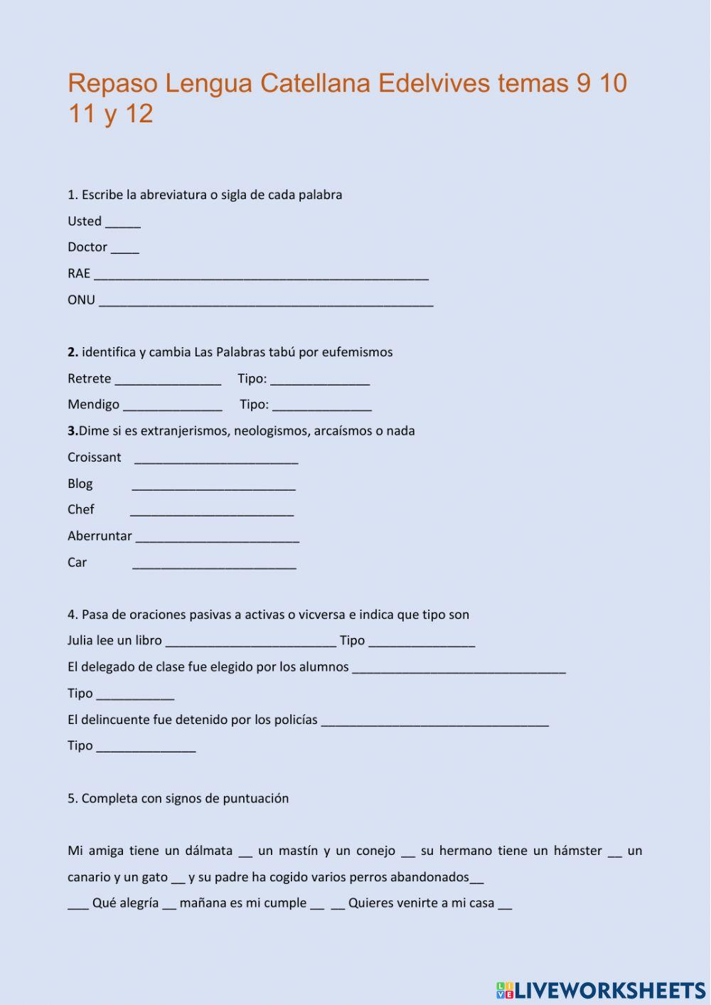 Repaso Edelvives Lengua castellana T.9, 10, 11 y 12