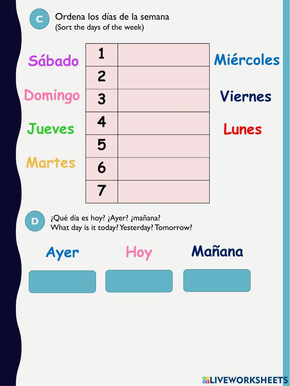Los días de la semana interactive worksheet for K 8th Live Worksheets
