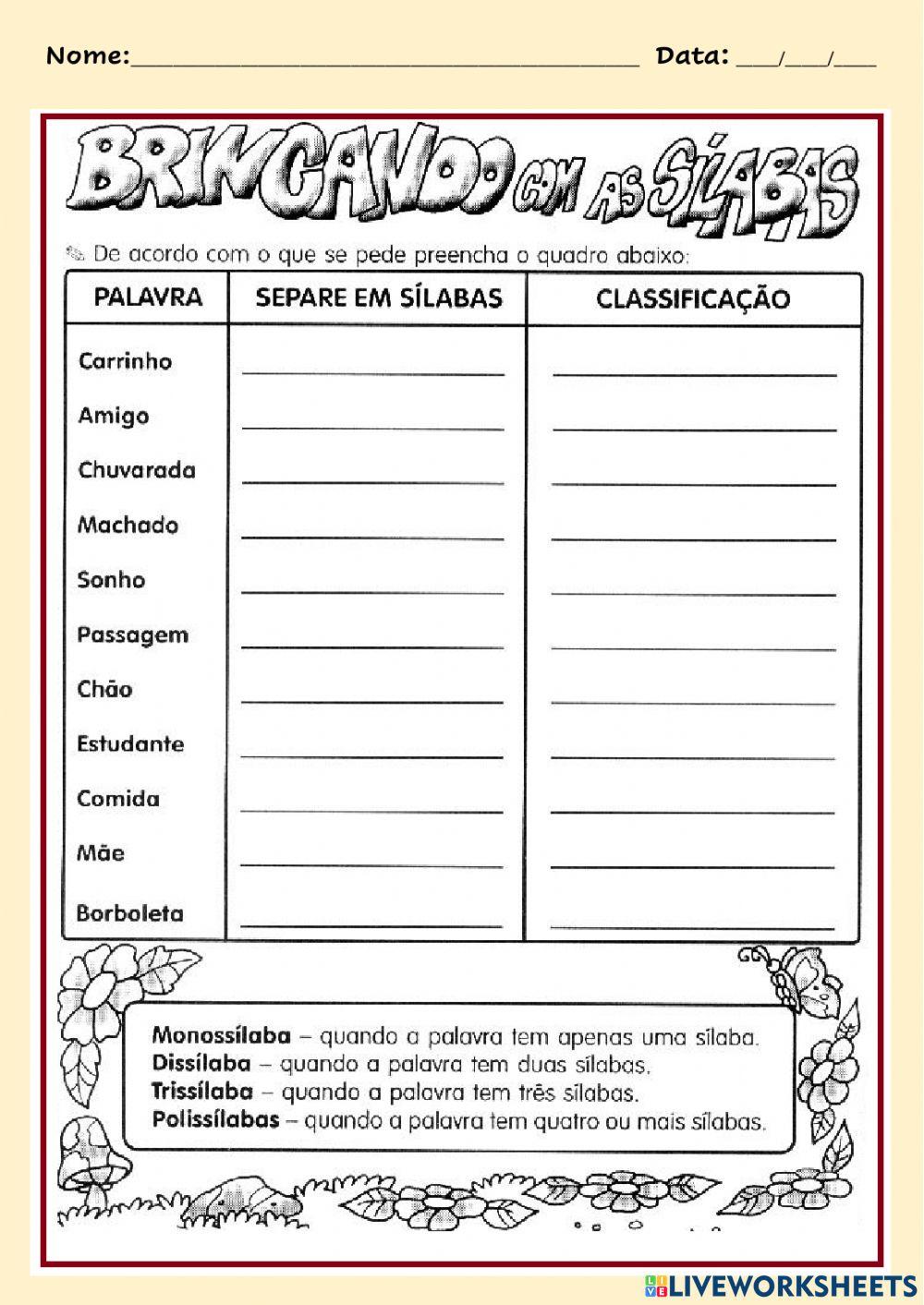 Atividade - classificação das sílabas