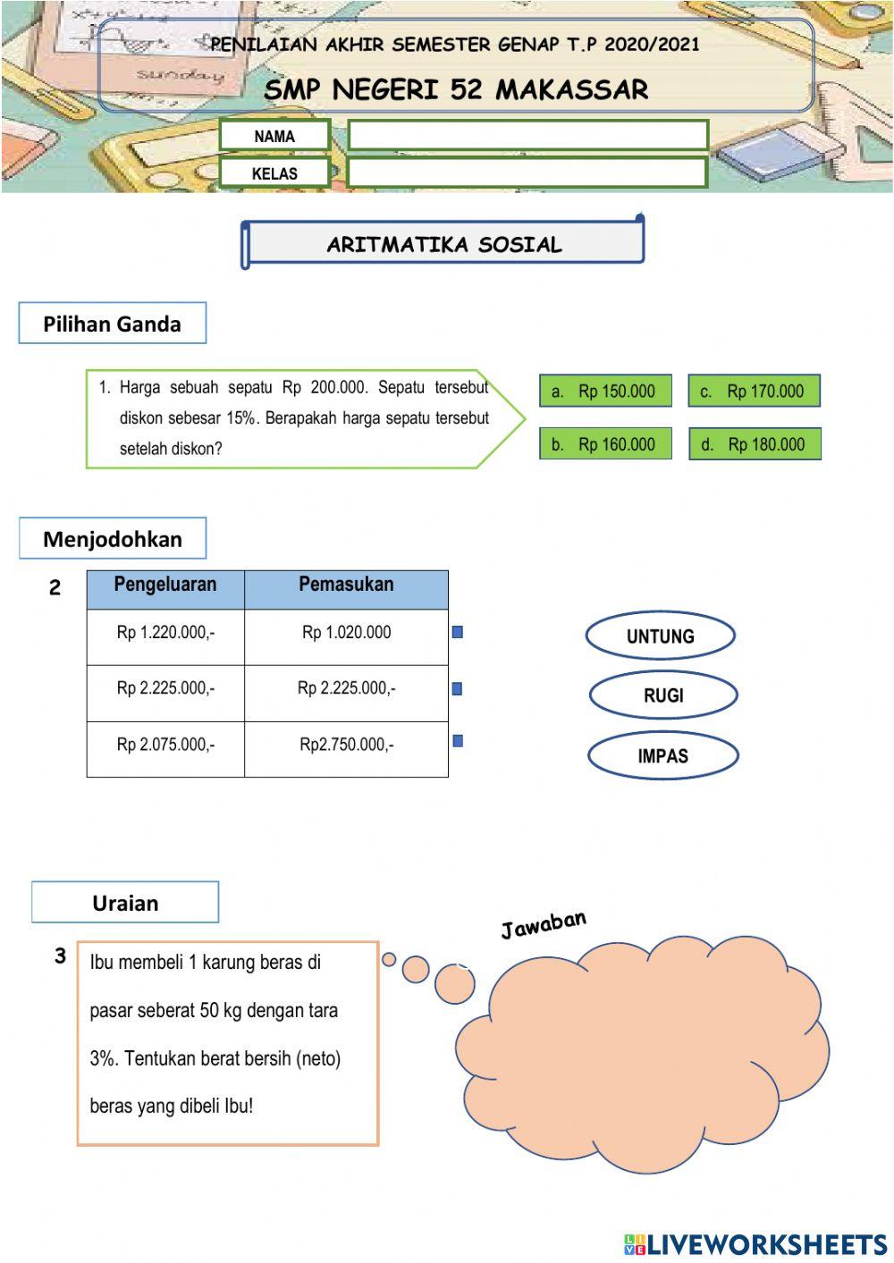 Penilaian Akhir Semester Matematika Genap T.P 2020-2021