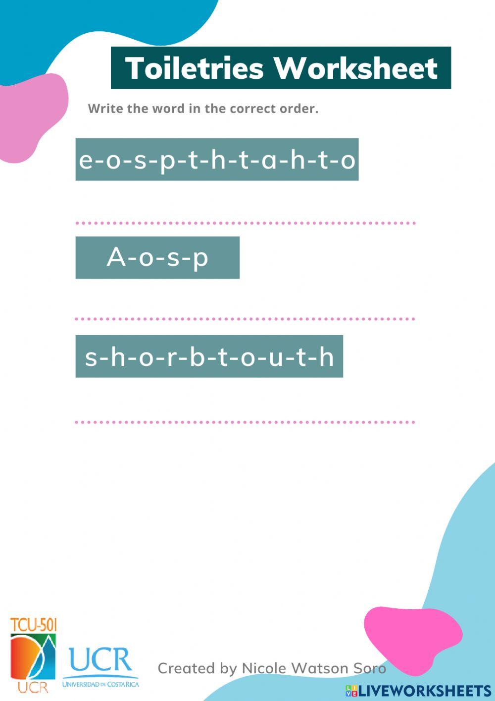 Toiletries Worksheet