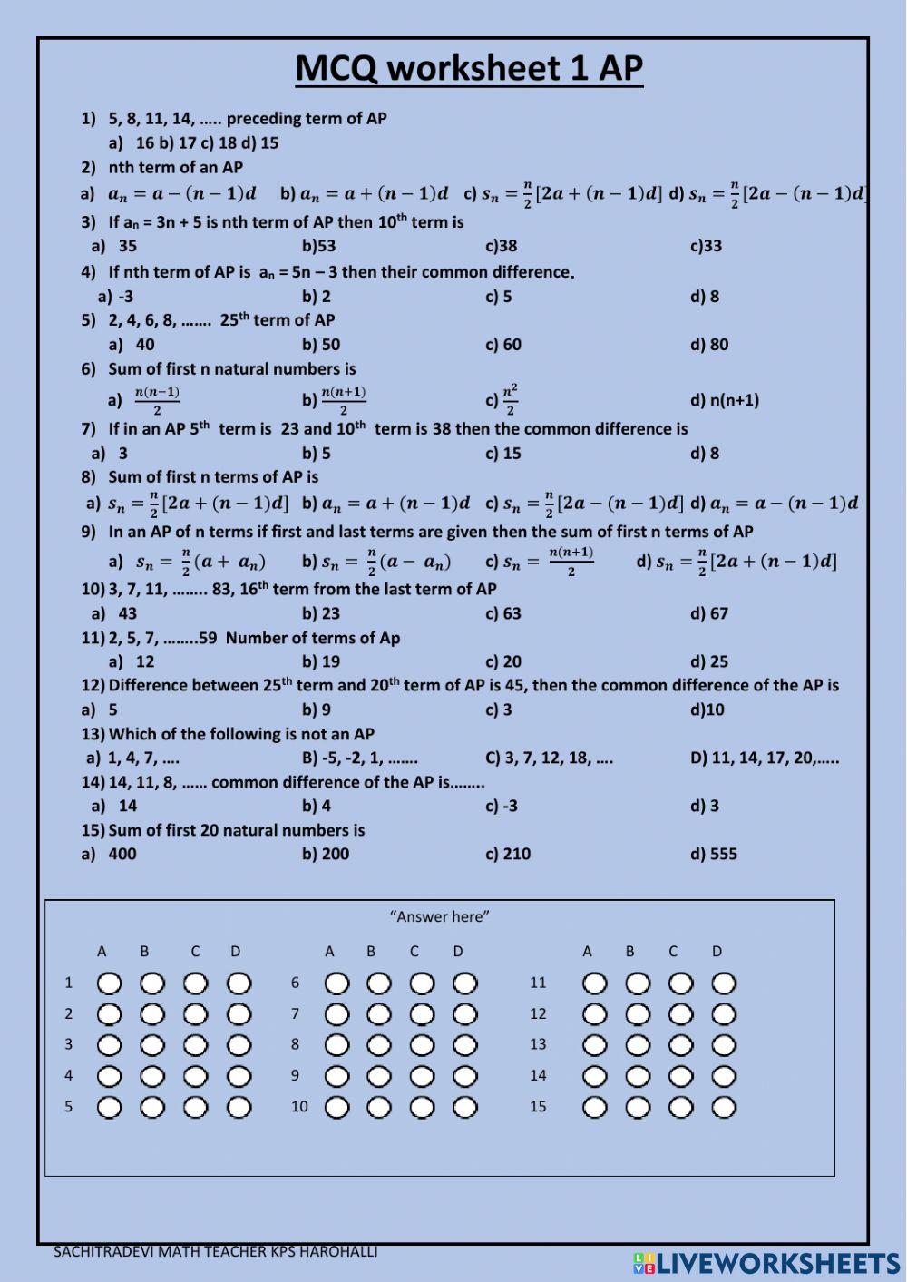 10th math arithmetic progression MCQ