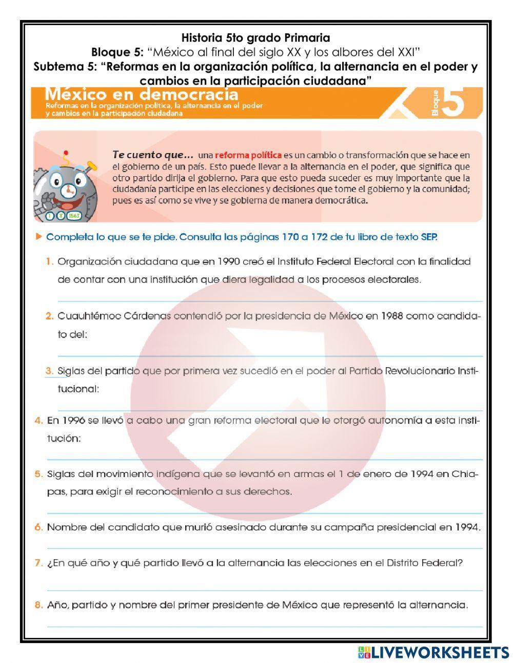 Bloque 5: México al final del siglo XX y los albores de XXI