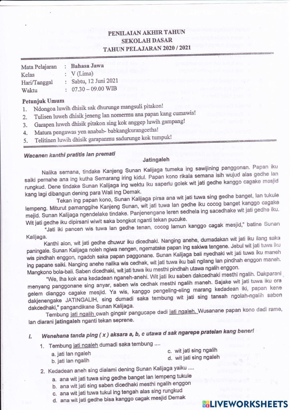 PAT Bahasa Jawa Kelas 5 Sabtu, 12 Juni 2021