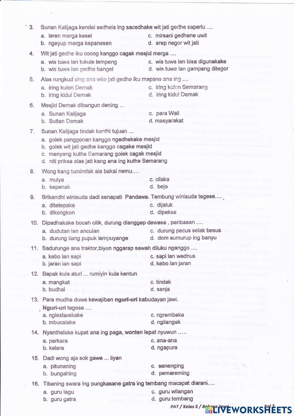 PAT Bahasa Jawa Kelas 5 Sabtu, 12 Juni 2021