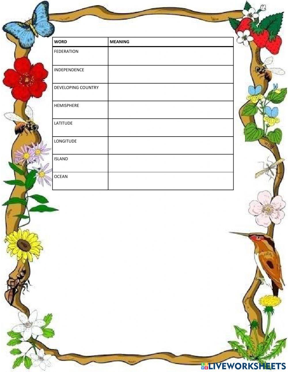 CARIBBEAN GEOGRAPHY, INTEGRATION AND GLOBAL LINKS VOCABULARY SHEET