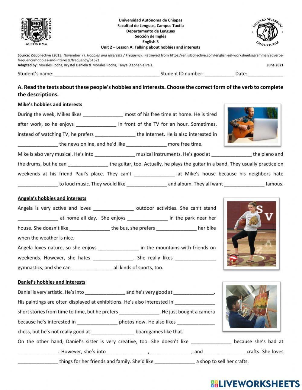 Hobbies and Interests (verb patterns)