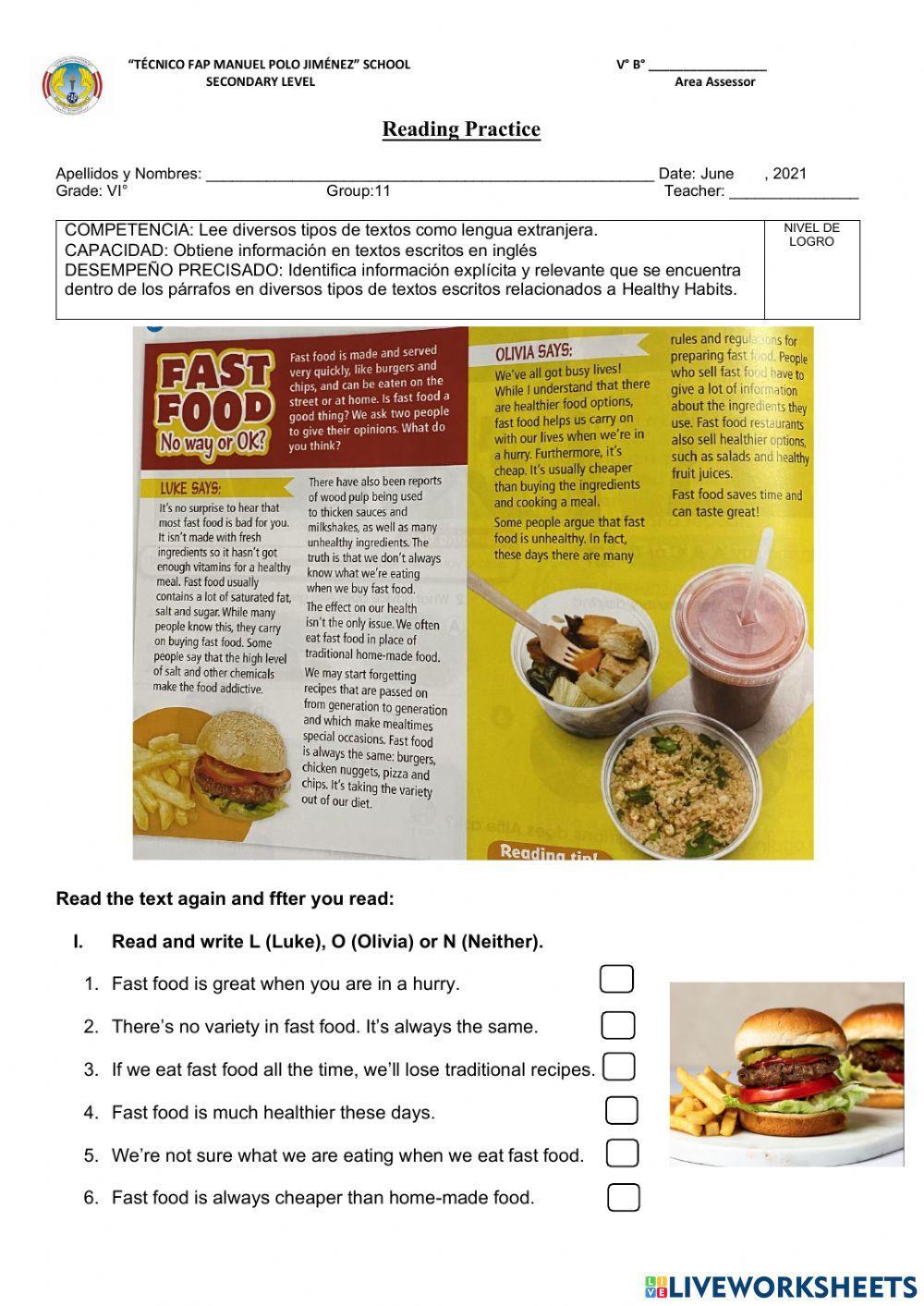 Reading Practice FAST FOOD