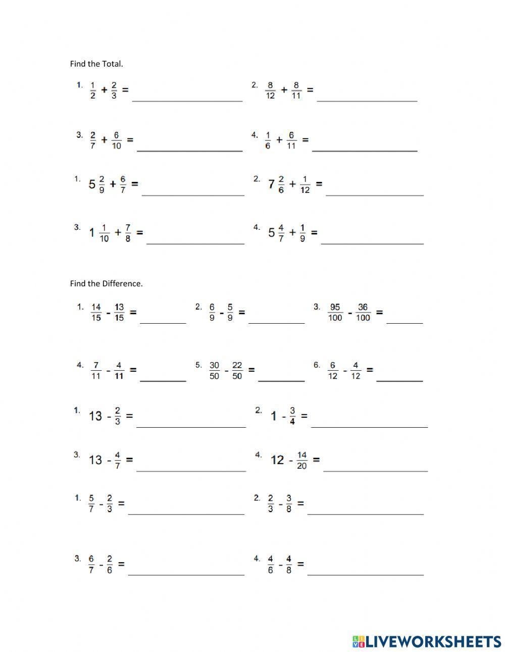 Add and Subtract Fractions Review