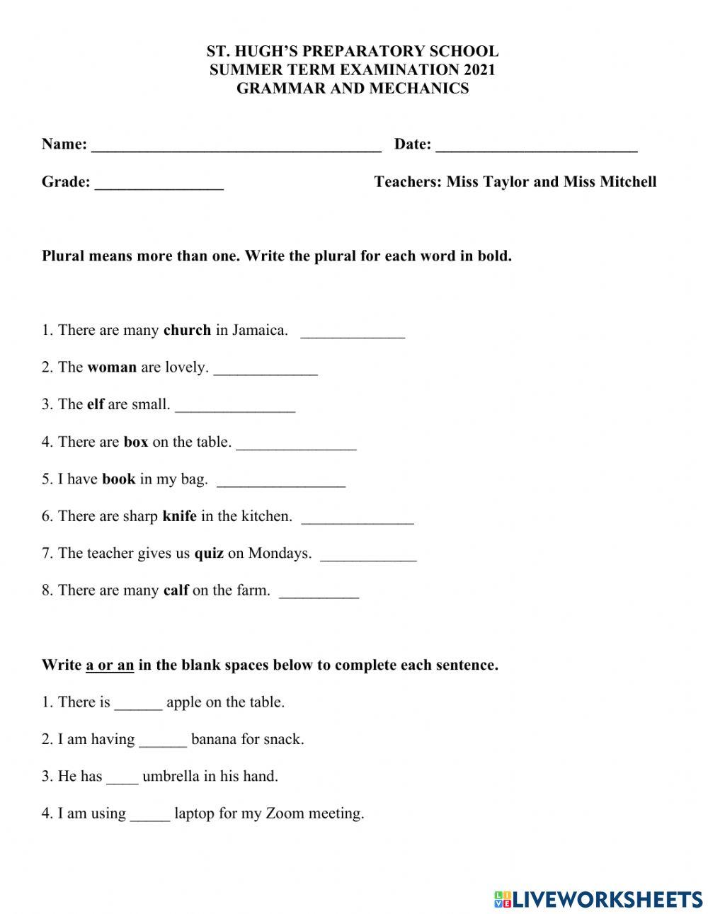 Grade 1 Summer Term Exam Grammar and Mec