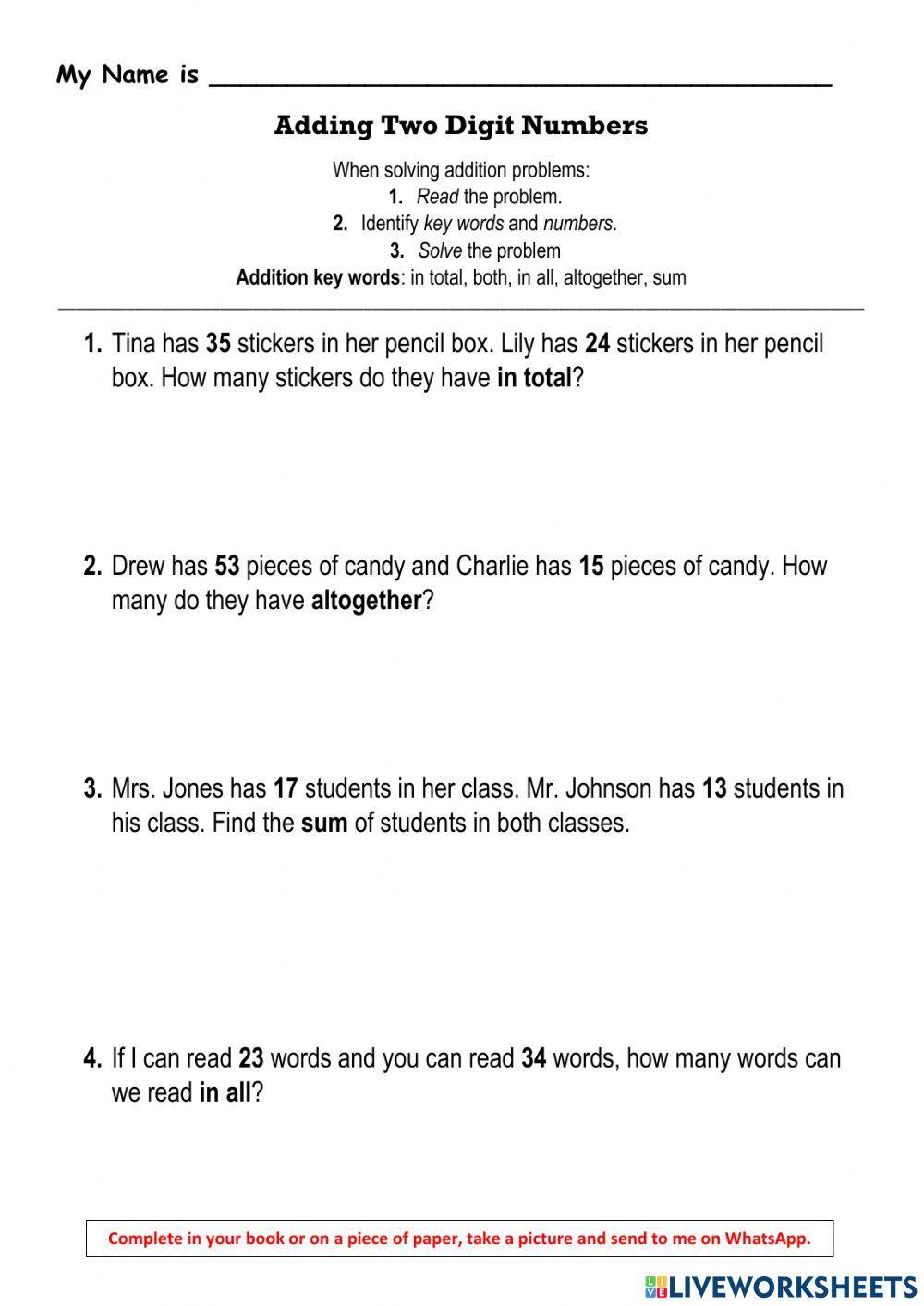 Adding Two-Digit Numbers Word Problems worksheet | Live Worksheets