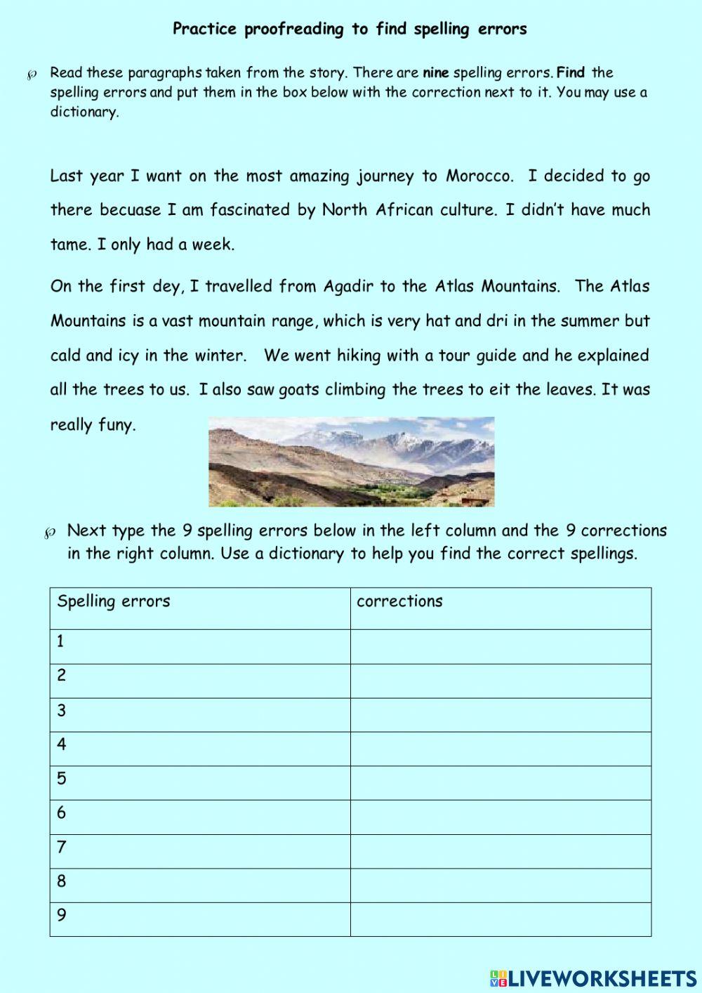 Proofreading to find spelling errors in a text worksheet live worksheets