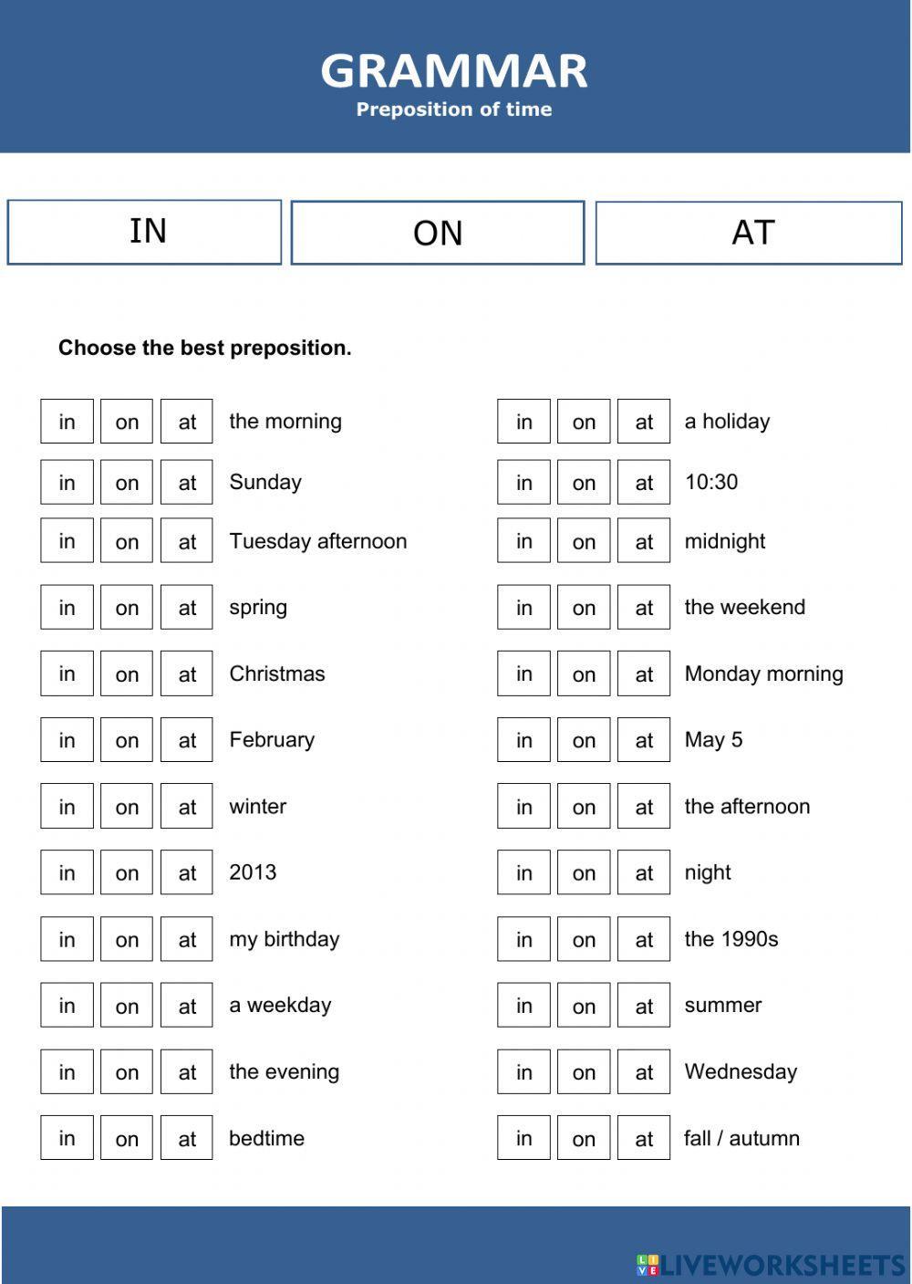 5° Class Activity Worksheet - Prepositions of Time IN ON AT 