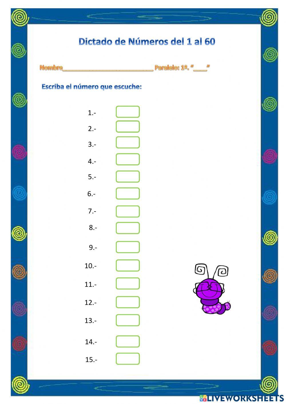 Dictado de números del 1 al 60