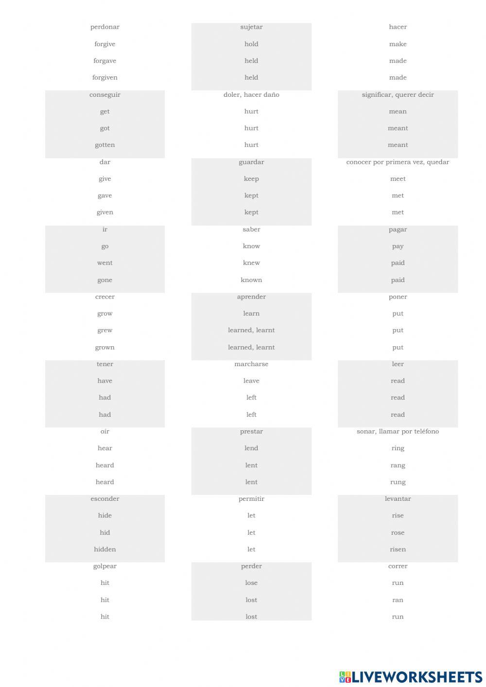 5º IN Lista de verbos irregulares