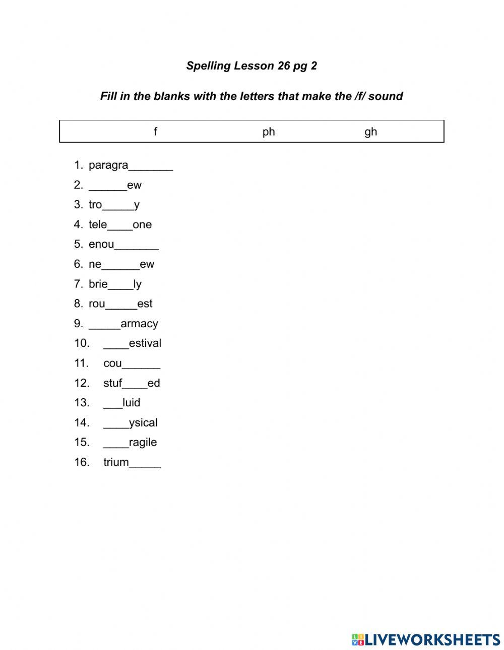 Spelling lesson 26 pg 2 worksheet Live Worksheets