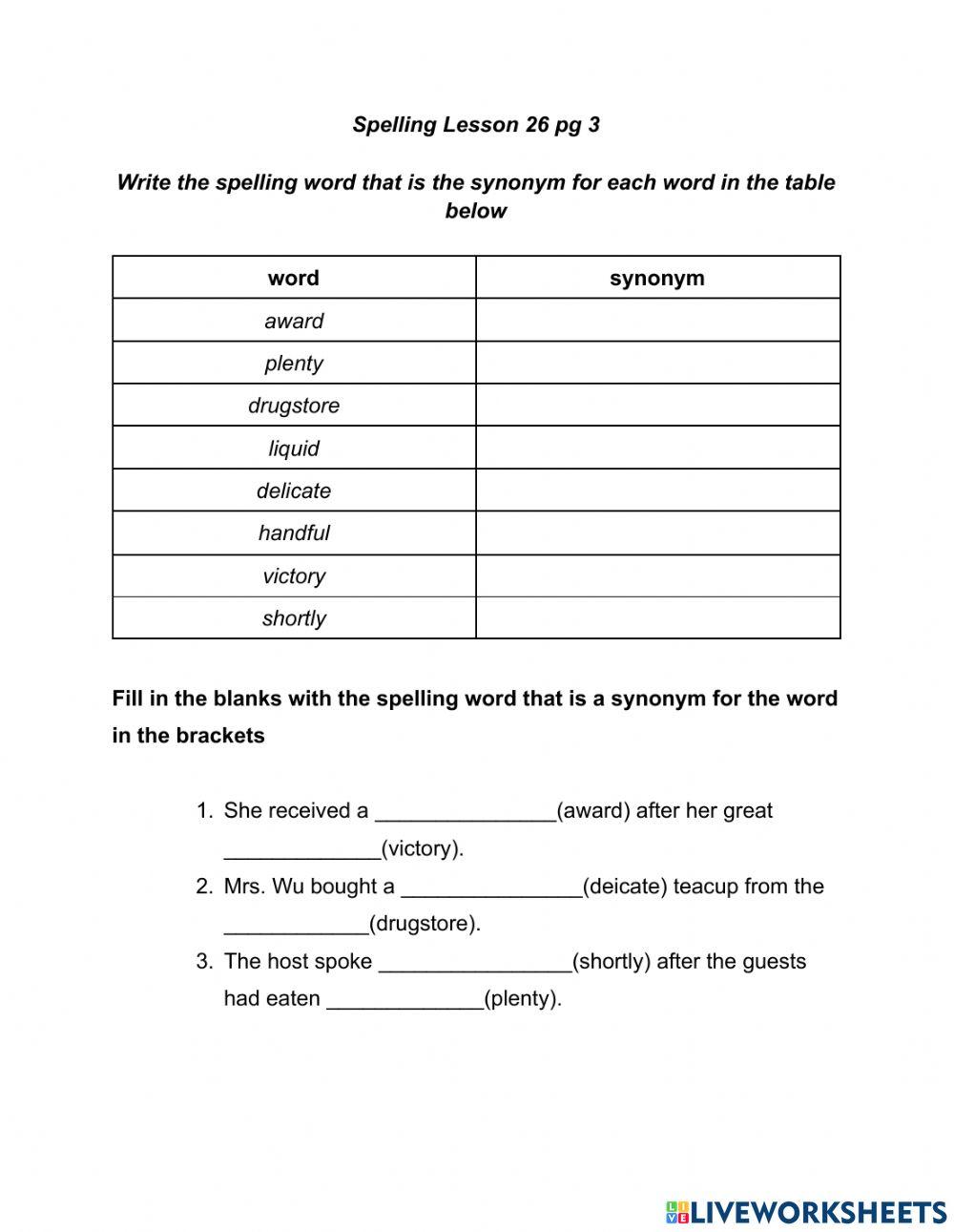 Spelling Lesson 26 pg 3 1072675 sdion Live