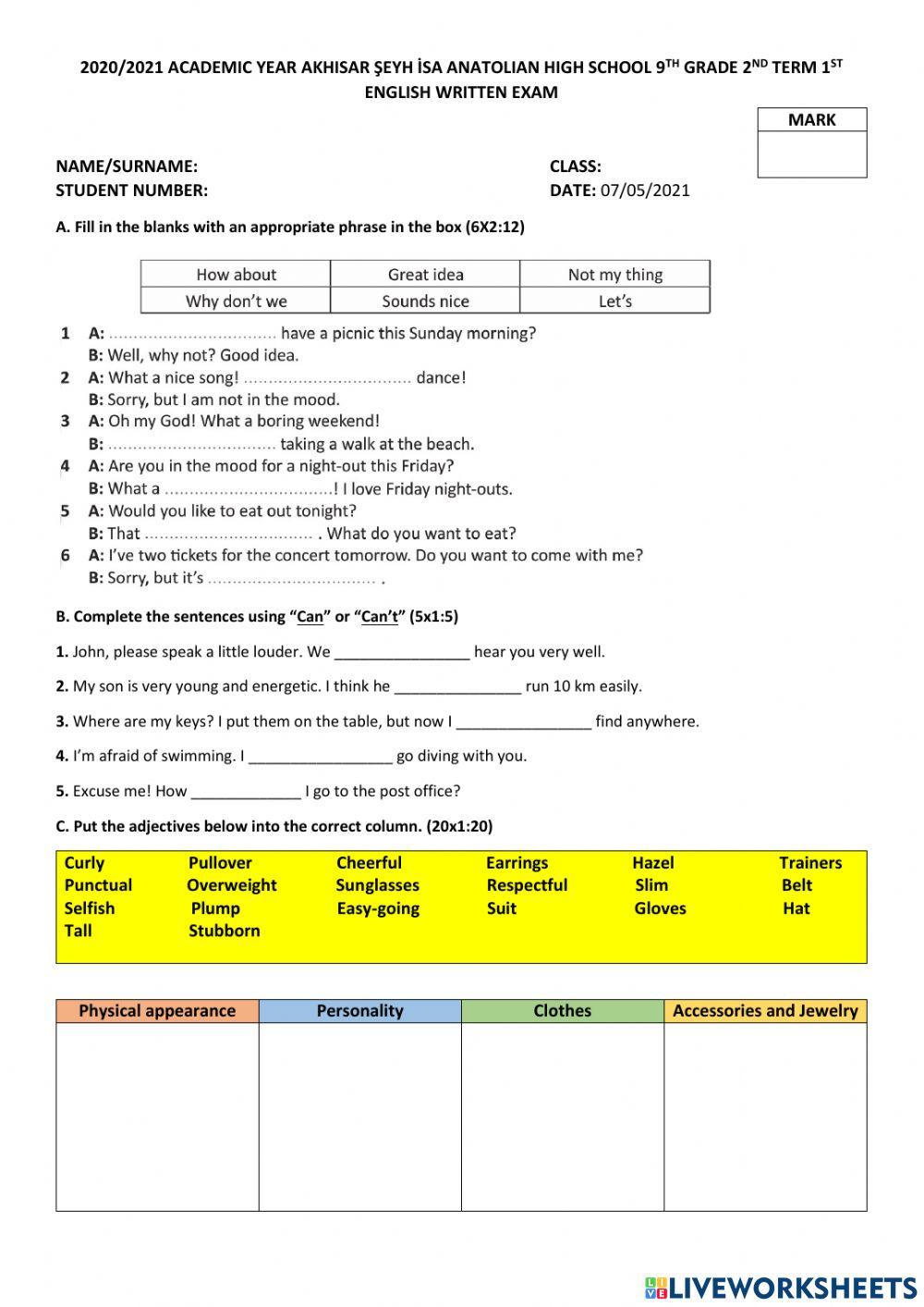 Akhisar Seyh Isa Anatolian High School 9th Grades 2nd Term 1st English Written Exam