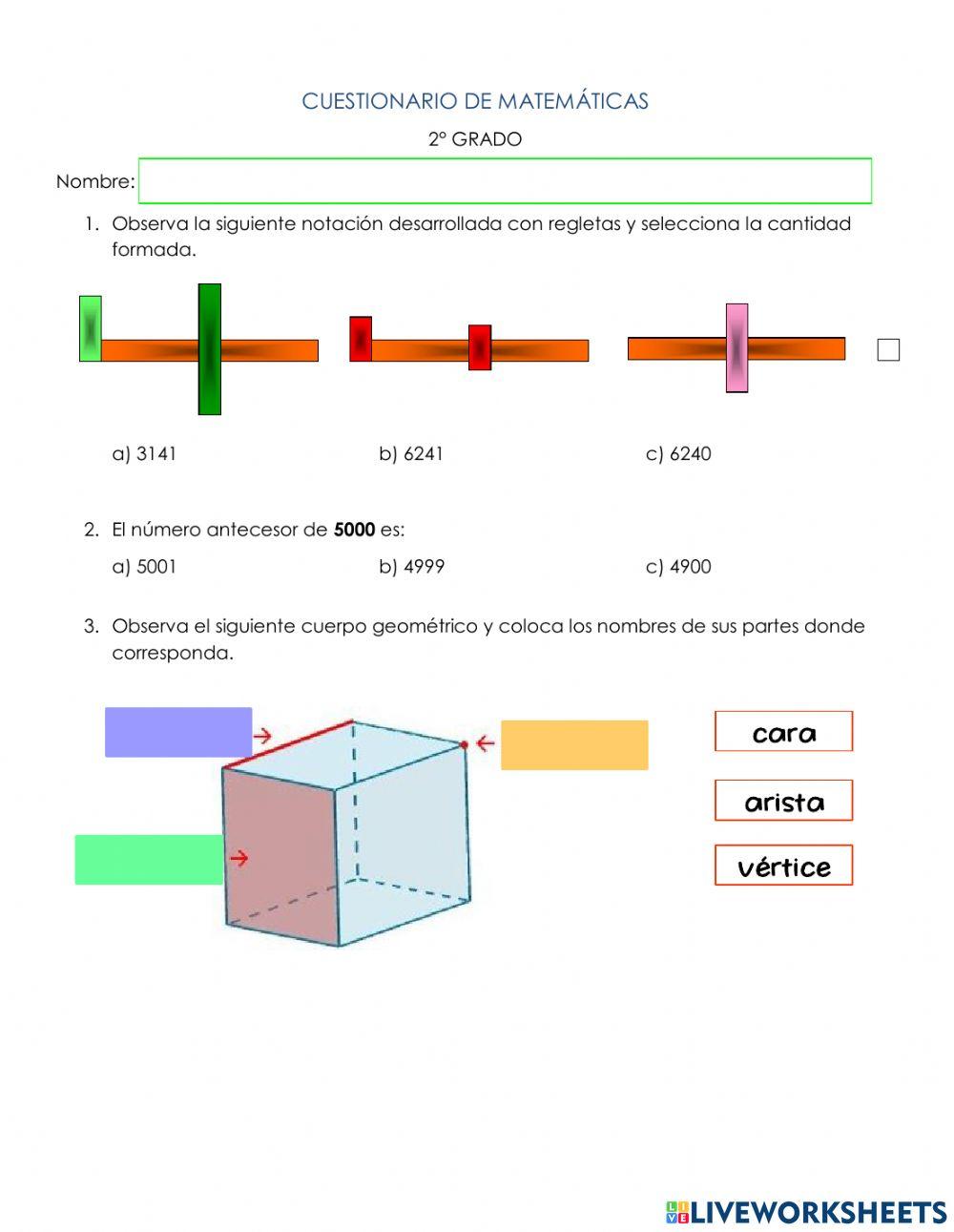 Cuestionario de Matemáticas - 2