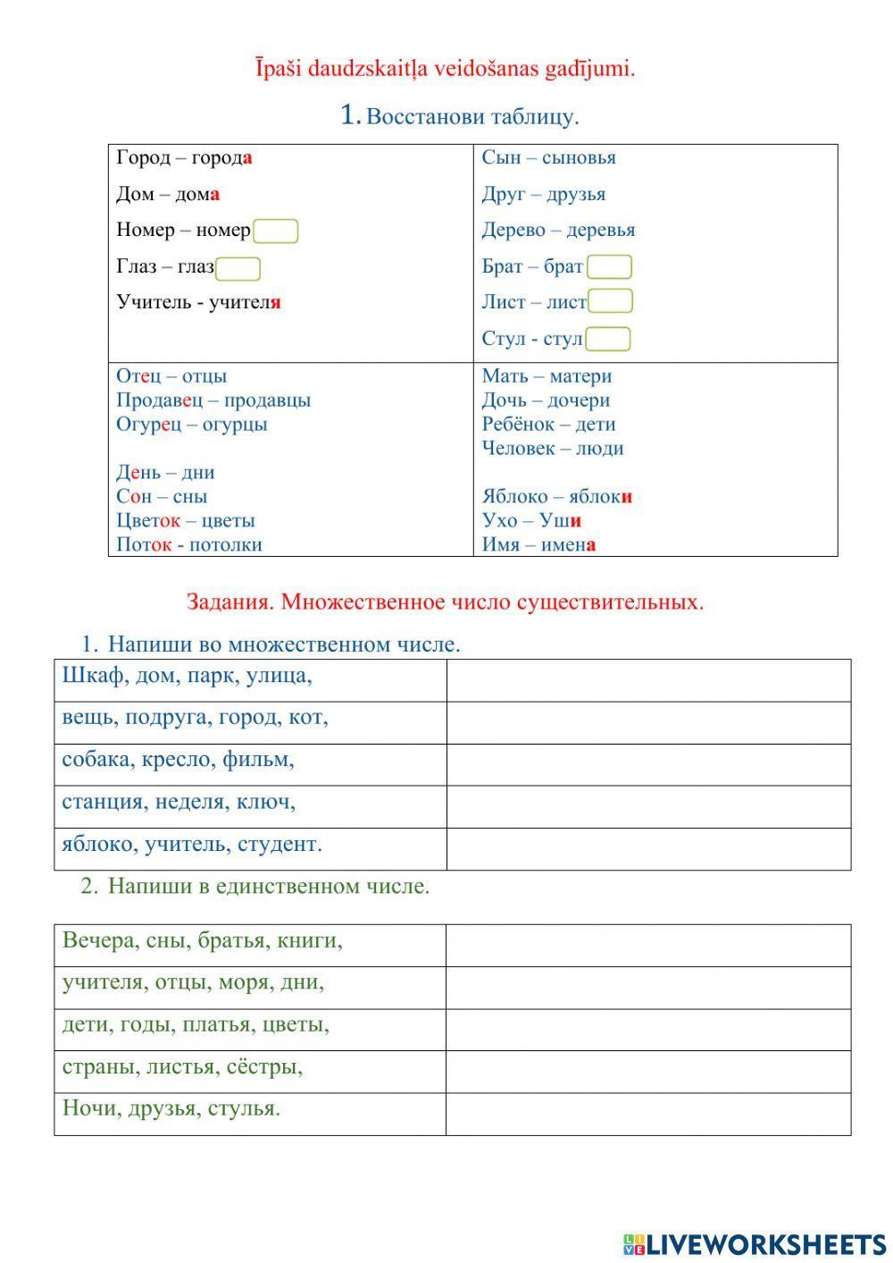 Множественное число существительных worksheets