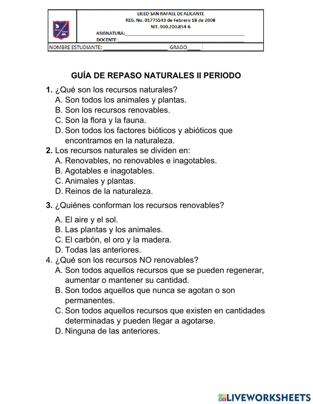 Cuestionario de repaso naturales segundo periodo