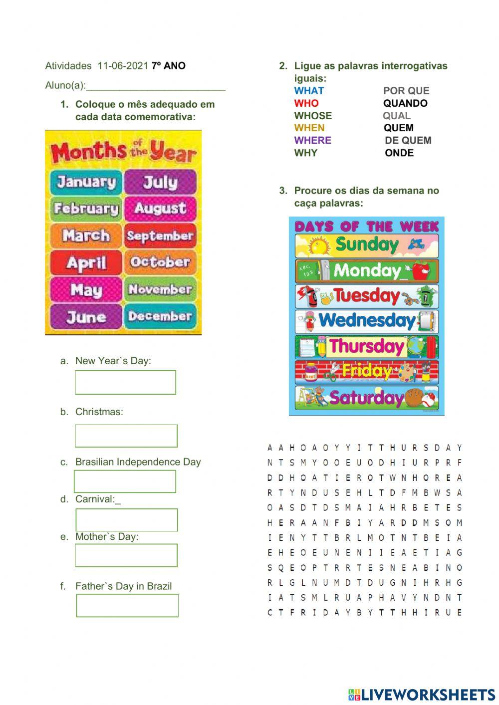 Dias da semana, meses do ano, palavras interrogativa